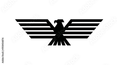 Stylized geometric black eagle silhouette with striped wings, minimalist bird of prey emblem icon, symbolizing strength, freedom, power