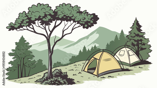 A picturesque campsite nestled in a lush forest with a tent and scenic mountains in the background Vector