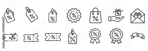 Discount tag and coupon line icon set featuring percentage symbol price label and shopping bag for ecommerce promotion and sale offer and more vector illustration or editable stroke