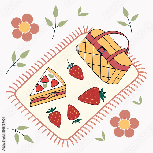 A delightful illustration of a strawberry tart surrounded by fresh berries and flowers. Vector