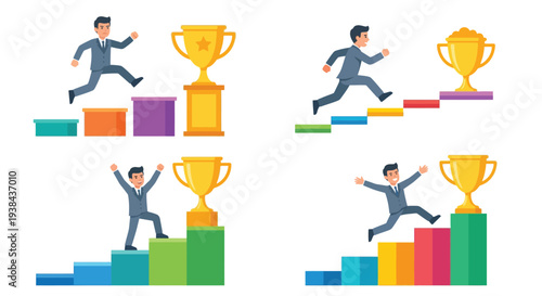 Businessmen striving for success represented by climbing steps and trophies
