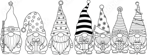 Christmas gnomes vector illustration set, cute garden tomte characters holding gift boxes in minimalist black and white line art style isolated on white background.