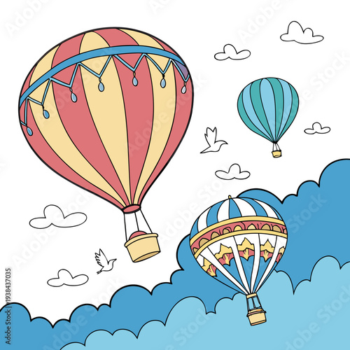 Colorful hot air balloons floating over a picturesque landscape with fluffy clouds Vector