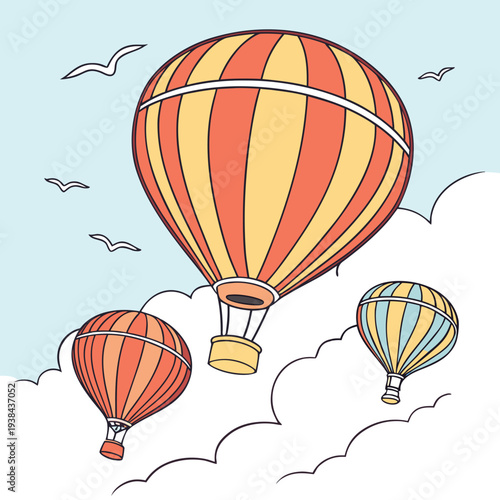 Three colorful hot air balloons floating in the sky with clouds around them. Vector