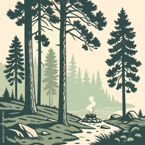 A serene forest scene with tall trees and a winding path in the distance Vector