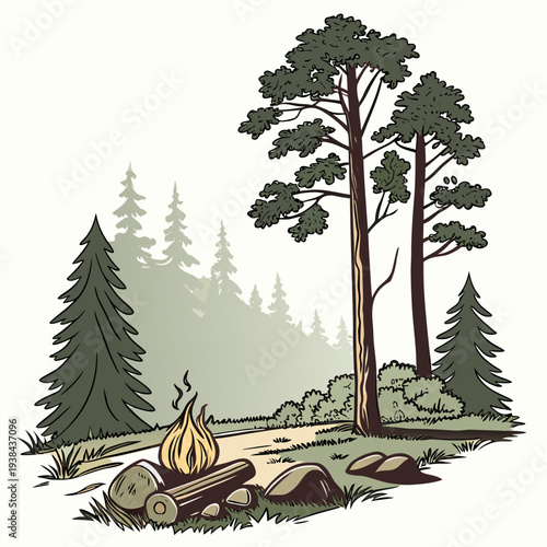 A serene campsite nestled in a lush forest with towering pine trees and a cozy tent. Vector
