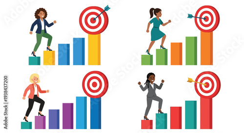 Diverse businesswomen achieving targets climbing charts with arrows and goals