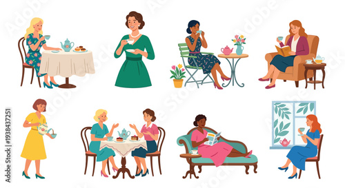 Women enjoying tea time in various relaxed and elegant settings