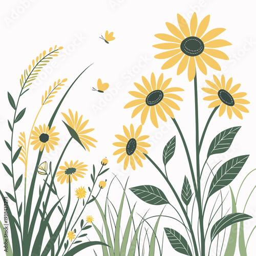 A vibrant field of sunflowers with yellow petals and green stems against a white background Vector