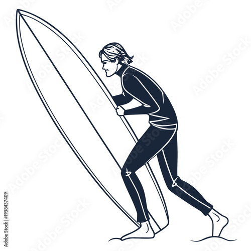 A surfer in a wetsuit carrying a surfboard on a beach Vector