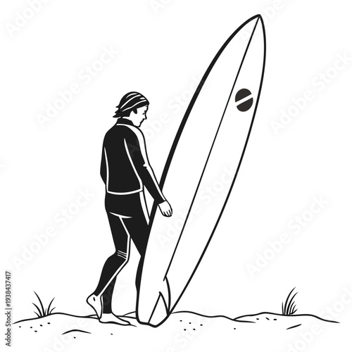 Surfer holding a surfboard on a beach with a helmet and wetsuit. Vector
