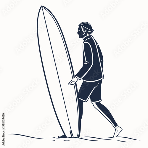 Surfer carrying a surfboard on a beach during sunset Vector