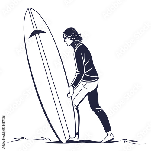 A person carrying a surfboard on a beach, ready to ride the waves. Vector