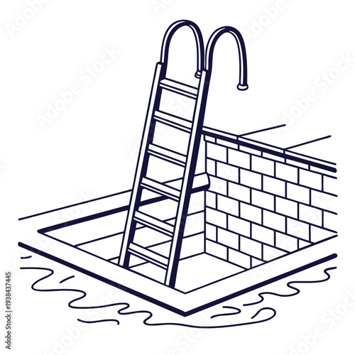 A ladder leaning against a brick wall with a puddle of water on the ground. Vector