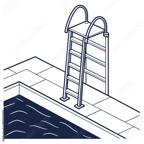 A detailed illustration of a white ladder leaning against a building near a body of water Vector