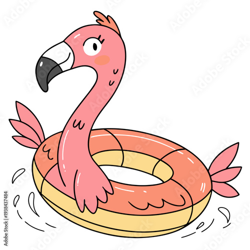 A flamingo enjoying a relaxing float on an inner tube in the water Vector