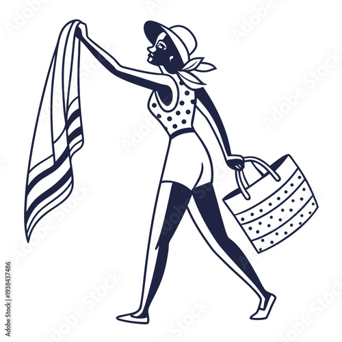 A woman in a swimsuit and hat carrying a beach bag and a towel over her shoulder Vector