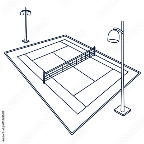 A detailed architectural drawing of a tennis court with surrounding infrastructure Vector