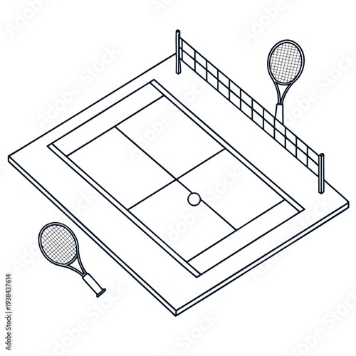 A detailed illustration of a tennis court with a net and two rackets. Vector