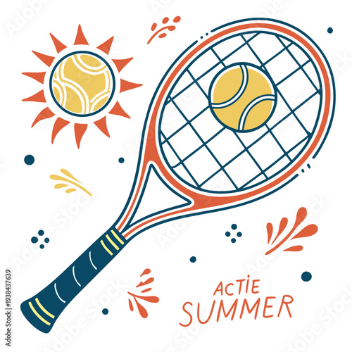 Colorful tennis racket with summer elements and text Vector