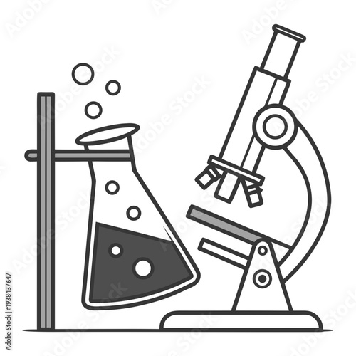 A microscope and beaker with bubbles indicating a science experiment. Vector