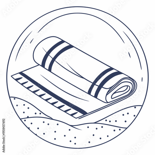 A rolled-up yoga mat placed on a wooden floor inside a circular frame. Vector