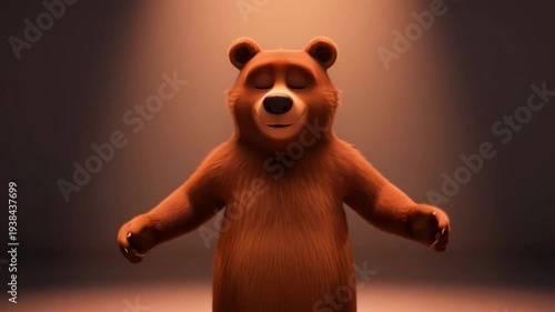 Peaceful cartoon brown bear standing still with closed eyes in bright spotlight animation background for childrens educational content