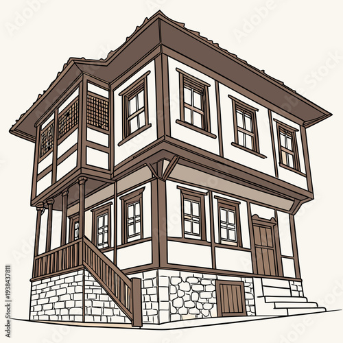 A charming and intricate illustration of a traditional wooden house with stone foundation Vector