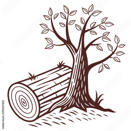 A large tree stump with a saw leaning against it in a forest setting Vector