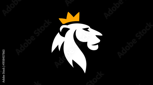 Minimalist white lion head with golden crown on black background. Modern elegant royal king animal icon concept.