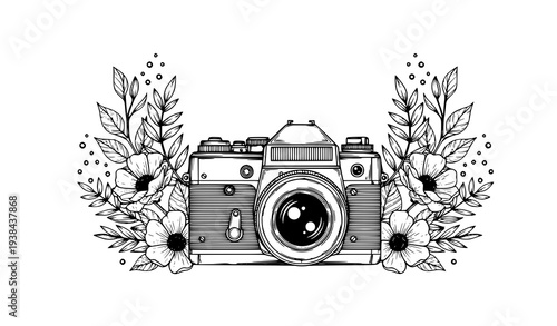 Vintage camera with floral botanical decoration black and white line art vector illustration isolated on white