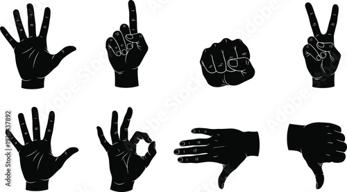 Black silhouette of human hand gestures collection including thumbs down ok sign victory peace symbol pointing finger and open palm