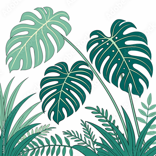 Vibrant green tropical plants with large leaves and intricate patterns Vector