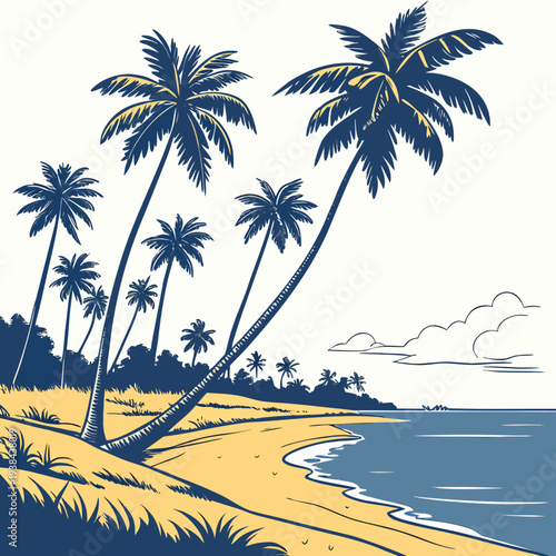 A serene beach scene with palm trees and gentle waves Vector