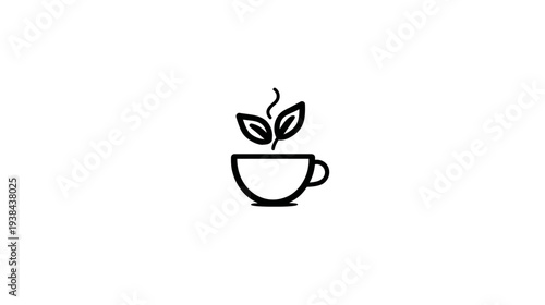 Herbal tea cup icon with leaves and steam, signifying organic, natural, and healthy warm beverages. Minimalist vector illustration.
