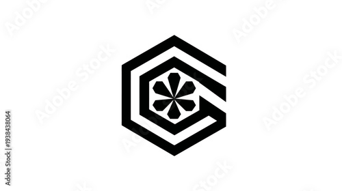 Modern abstract geometric hexagonal logo design with stylized flower or gear shape, black on white background, corporate emblem icon.