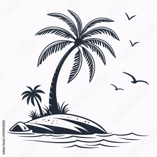 A serene tropical island with palm trees and birds flying in the sky Vector