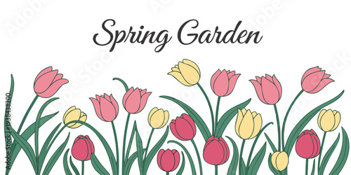 A vibrant spring garden filled with colorful flowers and lush greenery. Vector