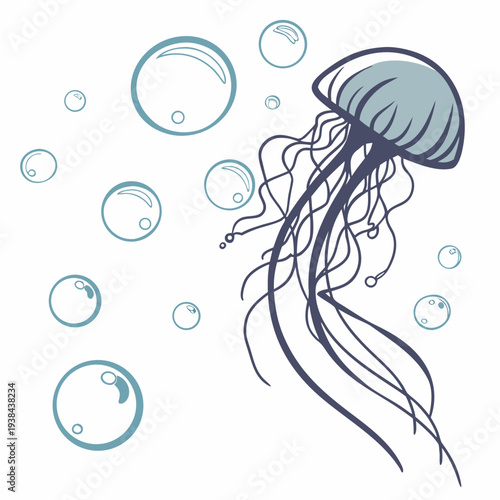 A beautiful and serene underwater scene featuring a jellyfish surrounded by bubbles Vector