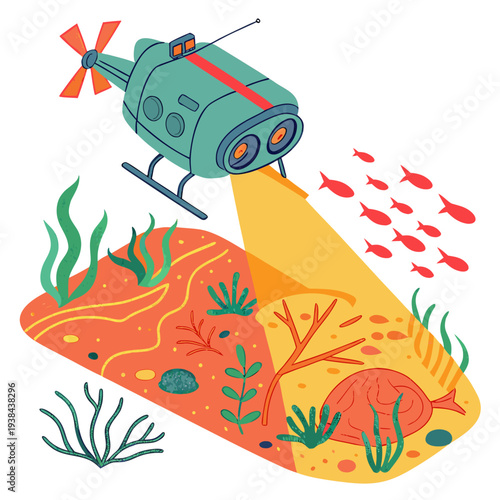 A helicopter drops a bright beam of light over a coral reef Vector