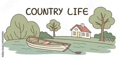 A serene countryside scene with a house nestled among lush green trees and bushes Vector