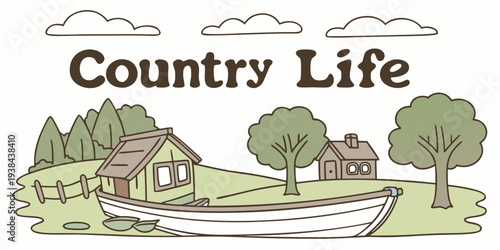 A serene countryside scene with a quaint house, lush trees, and a peaceful atmosphere Vector