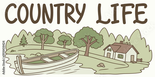 A serene countryside landscape with grazing animals and a winding river. Vector