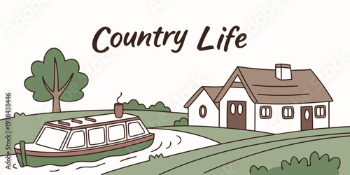 A serene countryside scene with a house, barn, and trees under a blue sky Vector