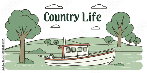 A serene countryside scene with a house, trees, and a winding road. Vector