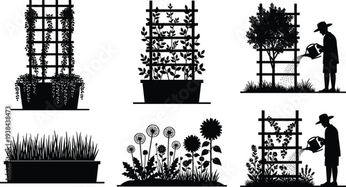 Gardening silhouettes set with trellis plants potted flowers grass and man watering tree isolated on white background landscape garden illustration collection