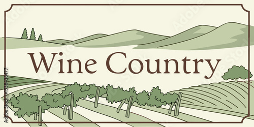 A picturesque landscape of rolling hills and vineyards in a wine country region. Vector