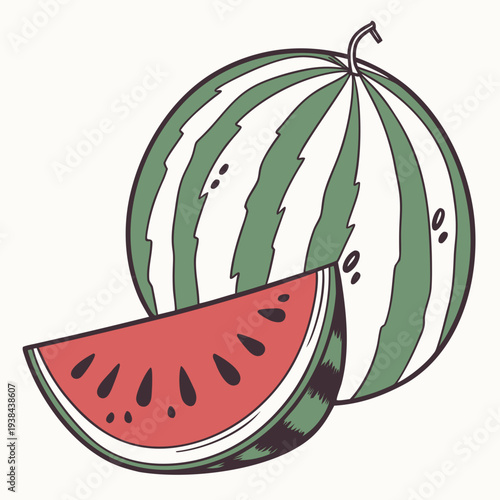A vibrant illustration of a watermelon slice and a whole watermelon Vector