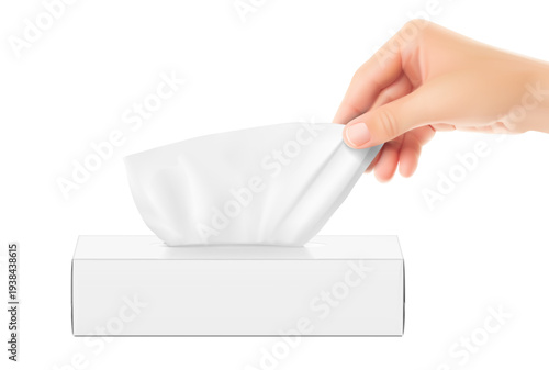 Realistic tissue set in box with hand mockup. Vector illustration isolated on white background. Can be use for template your design, presentation, promo, ad. EPS10.