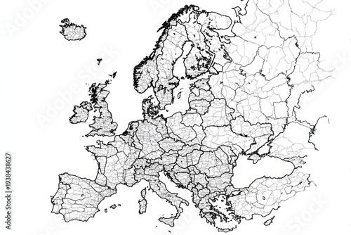 Black and white detailed outline of Europe, showing country borders and internal divisions